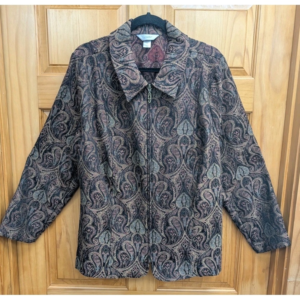 CJ Banks Women's 1X Jacket Full Zip Paisley Long Sleeves Collar Earth Tones